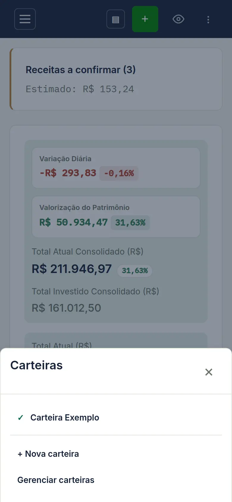 Lista de carteiras separadas dentro da mesma conta