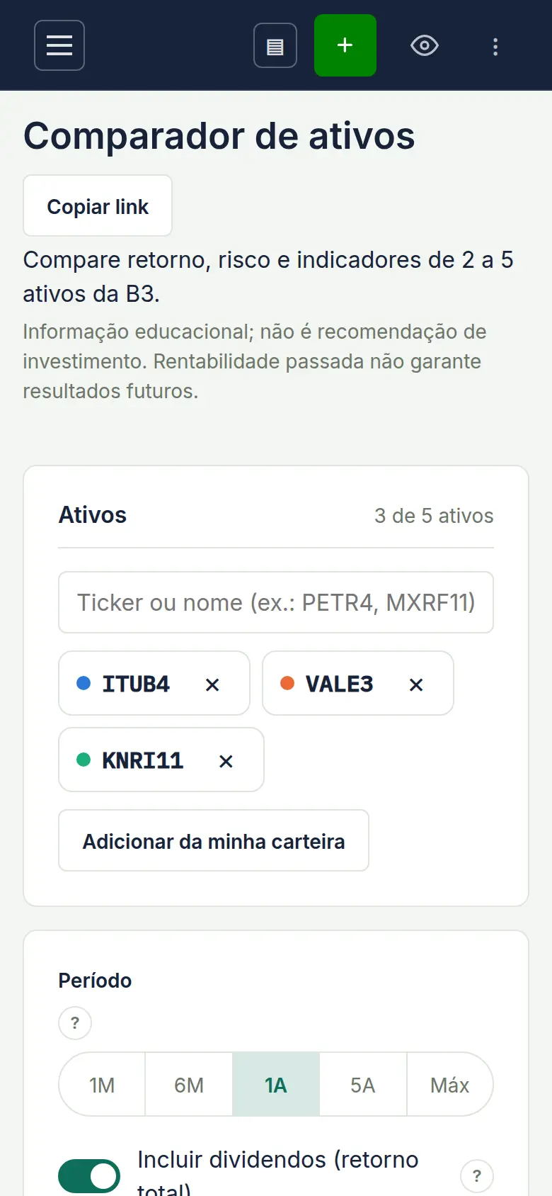 Comparador de ativos com a evolução de vários ativos e índices no mesmo gráfico